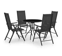KGHFDVB Juego de comedor de jardín de aluminio y textileno negro con mesa de jardín con tapa de cristal, 4 sillones plegables con respaldo ajustable en 7 posiciones, recubierto de polvo