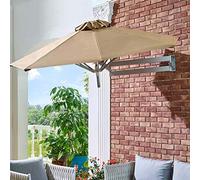 Khaki Wall Mount Patio Umbrella, Tilting Foldable Garden Parasol with Aluminium Pole, 7ft / 2.2m Outdoor Sunshade Umbrellas for Porch/Pool