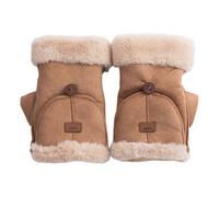 (Khaki)Women Winter Suede Gloves Thickened Convertible Fingerless Mittens Fleece-lined Warm Gloves with Fluffy Cuffs for Outdoor Cycling Hiking