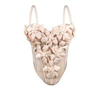 KHASCBNF Camiseta Encaje Fishbone Pure Desire Style Fishbone Chest 3D Flower Strap Chaleco Top Slim Fit Sexy Camiseta sin Mangas for Mujer Almohadilla en el Pecho(Apricot,36b-80)
