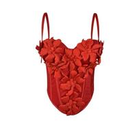 KHASCBNF Camiseta Encaje Fishbone Pure Desire Style Fishbone Chest 3D Flower Strap Chaleco Top Slim Fit Sexy Camiseta sin Mangas for Mujer Almohadilla en el Pecho(Red,36b-80)