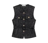 KHASCBNF Chaleco Mujer Chalecos Elegantes con cinturón Liso for Mujer, Tops Cuello Redondo y Botones de Metal, Chaleco sin Mangas for Oficina(Black,S)