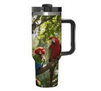 KHAUERBC Birdsong in The Forest - Vaso de café de viaje de acero inoxidable, taza de café con tapa y popote, taza con asa, gran capacidad, doble pared al vacío a prueba de fugas, taza térmica de café