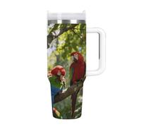 KHAUERBC Birdsong in The Forest - Vaso de café de viaje de acero inoxidable, taza de café con tapa y popote, taza con asa, gran capacidad, doble pared al vacío a prueba de fugas, taza térmica de café