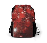 KHAUERBC Mochila con cordón de frutas y hojas rojas para adultos, bolsa de gimnasio con compartimento para zapatos, mochila de senderismo con bolsillos laterales de malla