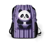 KHAUERBC Mochila con cordón de panda a rayas moradas para adultos, bolsa de gimnasio con compartimento para zapatos, mochila de senderismo con bolsillos laterales de malla