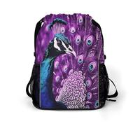 KHAUERBC Mochila con cordón de pavo real morado para adultos, bolsa de gimnasio con compartimento para zapatos, mochila de senderismo con bolsillos laterales de malla