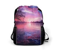 KHAUERBC Mochila con cordón para adultos, color morado con diseño de puesta de sol en el agua, bolsa de gimnasio con compartimento para zapatos, mochila de senderismo con bolsillos laterales de malla