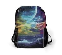KHAUERBC Mochila con cordón para adultos, diseño de cielo y luna con arco iris, bolsa de gimnasio con compartimento para zapatos, mochila de senderismo con bolsillos laterales de malla