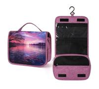 KHAUERBC Neceser púrpura con diseño de puesta de sol en el agua para hombres y mujeres, organizador portátil con gancho para colgar, bolsa de cosméticos para accesorios, champú, contenedor de tamaño