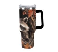 KHAUERBC Raccoon in The Fall Tree Hole Tazas con popote y asa, taza de café de doble pared con aislamiento al vacío, botellas de agua para café helado, té, bebida caliente y fría