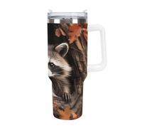 KHAUERBC Raccoon in The Fall Tree Hole Tazas con popote y asa, taza de café de doble pared con aislamiento al vacío, botellas de agua para café helado, té, bebida caliente y fría