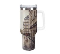 KHAUERBC Rainy Street in Paris - Tazas con popote y asa, taza de café con aislamiento al vacío de doble pared, botellas de agua para café helado, té, bebida caliente y fría