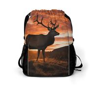 KHAUERBC Red Deer Bull Elk Sunset - Mochila con cordón para adultos, bolsa de gimnasio con compartimento para zapatos, mochila de senderismo con bolsillos laterales de malla