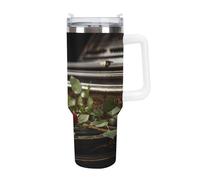 KHAUERBC Taza de café con diseño de rosa roja en piano con popote y asa, taza de café con aislamiento al vacío de doble pared, botellas de agua para café helado, té, bebida caliente y fría