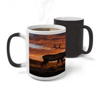 KHAUERBC Taza de té de cerámica con diseño de ciervo rojo, alce y puesta de sol, taza de té grande (325 ml). Taza de cerámica que se decolora con asa. Taza de café para graduación de cumpleaños