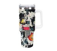 KHAUERBC Tazas con patrón de música rock con popote y asa, taza de café con aislamiento al vacío de doble pared, botellas de agua para café helado, té, bebida caliente y fría