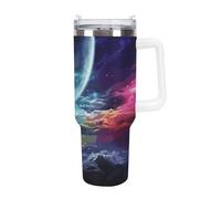 KHAUERBC Tazas de cielo y luna arcoíris con popote y asa, taza de café con aislamiento al vacío de doble pared, botellas de agua para café helado, té, bebida caliente y fría