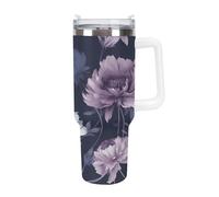 KHAUERBC Tazas de flores moradas marchitas con popote y asa, taza de café con aislamiento al vacío de doble pared, botellas de agua para café helado, té, bebida caliente y fría