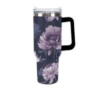 KHAUERBC Tazas de flores moradas marchitas con popote y asa, taza de café con aislamiento al vacío de doble pared, botellas de agua para café helado, té, bebida caliente y fría