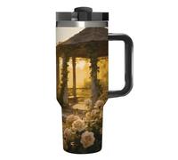 KHAUERBC Vaso de café clásico de viaje de verano de acero inoxidable, taza de café con tapa y popote, taza con asa, gran capacidad, doble pared al vacío a prueba de fugas, taza térmica de café helado