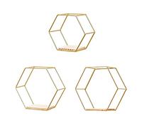 KHBNHJ 3 estantes hexagonales dorados de pared, estantes flotantes de alambre decorativo montado en la pared, estantes flotantes geométricos multiusos, estantes de metal para dormitorio, sala de estar, cocina, oficina, 6.7 pulgadas 9.4 pulgadas 11 pulgadas