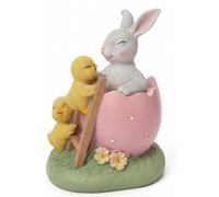 khevga Polyresin - Conejo decorativo de Pascua con pollito sobre pedestal, decoración de primavera en blanco/rosa, aprox. 10,5 × 8,5 × 13,5 cm - Figura de conejo pintada a mano con diseño de pollito