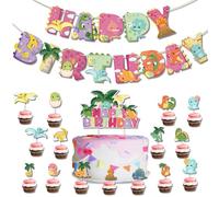 KHIRY Magic Party Cupcake Toppers - Conjunto de dinosaurios, 16 toppers de pastel de dinosaurio, 2 pancartas de bandera, toppers de cupcakes de dinosaurio, decoraciones de bodas de fiesta