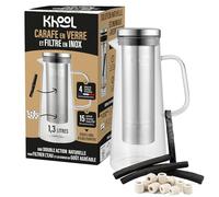 KHOOL | Jarra de Agua de Vidrio con Filtro de Acero Inoxidable | 15 Perlas de cerámica y 4 Barras de carbón de bambú | Purifica y Mejora el Sabor del Agua | +1 L