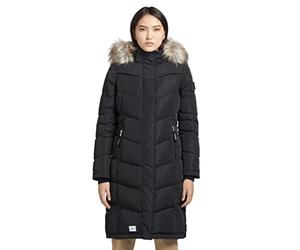 khujo LUBECK LONG5 - Abrigo para mujer, largo hasta la rodilla, cálido, acolchado, capucha, piel sintética, cremallera bidireccional, Negro , L