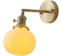 KhUkhu Aplique De Pared Vintage De Vidrio con Leche, Cerámica Blanca, Vidrio Acanalado, Latón, Brazos Ajustables, Lámpara De Pared Moderna De Mediados De Siglo Dorada para Dormitorio Y Sala De Estar