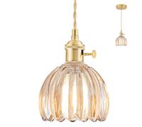 KHUKHU Luces De Isla De Cocina De Vidrio, Lámparas Colgantes De Latón Vintage, Luces Colgantes Verdes Ajustables For Isla De Cocina For Dormitorio, Sala De Estar, Pasillo, Comedor(Tulip Amber)