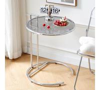 KhUkhu Mesa Auxiliar De Vidrio, Mesa Auxiliar Redonda con Asa Y Marco De Metal, Mesa De Sofá En Forma De C con Altura Ajustable, Mesa De Centro Pequeña con Tablero De Vidrio Templado,B