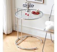 KhUkhu Mesa Auxiliar De Vidrio, Mesa Auxiliar Redonda con Asa Y Marco De Metal, Mesa De Sofá En Forma De C con Altura Ajustable, Mesa De Centro Pequeña con Tablero De Vidrio Templado,A