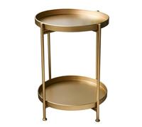 KhUkhu Mesa auxiliar redonda de 2 niveles, mesa auxiliar de sofá de hierro, bandeja extraíble, pequeña mesa de café plegable para dormitorio, sala de estar, dorado