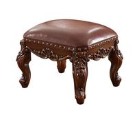 KhUkhu Reposapiés De Madera con 4 Patas De Madera, Taburete De Sofá con Decoración Europea, Reposapiés Acolchado Tallado Vintage, Reposapiés Otomano Pequeño De Cuero Blanco Crema,Marrón