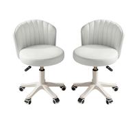 KHUKHU Silla de Escritorio pequeña y Redonda con Ruedas, sin Brazos, cómoda, for tocador, sin Respaldo, de Piel sintética, con Altura Ajustable, giratoria, for Trabajo y SPA.(White,2 with backrest)