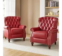KHUKHU Sillón reclinable de Cuero Genuino con Patas de Madera Maciza, Moderno, Ajustable, con Respaldo y reposabrazos con decoración de Remaches, sofá Individual for Sala de Estar.(Wine Red,2)