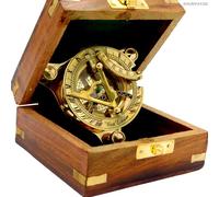 KHUMYAYAD - Brújula de latón. Elegante y tradicional brújula náutica con reloj solar de 7,6 cm fabricada en latón antiguo con exquisita caja de madera.