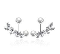 KhuWan Joyas de Oreja de Plata esterlina Frente Atrás Hojas de Doble Cara Pétalos Zirconia Perla Aretes