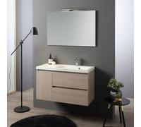 Kiamami Valentina - Baño suspendido de 90 cm con 1 Puerta y 2 cajones, Lavabo descentrado a la Derecha y Espejo de 90x60 Malaga