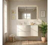 Kiamami Valentina mueble baño suspendido 105 cm blanco curvo Los Angeles | 2 cajones, 1 puerta derecha, lavabo de resina a la izquierda, madera noble, cierre suave, ya montado