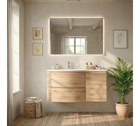 Kiamami Valentina mueble baño suspendido curvo 105 cm roble oro lavabo | 2 cajones y 1 puerta lateral, estructura de madera melaminada, lavabo de resina, acabado efecto madera, serie Los Angeles