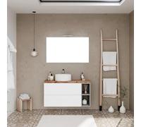 Kiamami Valentina Mueble de baño suspendido 100 cm blanco con compartimento abierto gris, tapa roble y espejo 100 x 60 | Niza