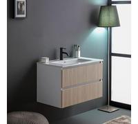Kiamami Valentina - Mueble de baño suspendido 80cm Blanco con Frontal de Roble Estriado