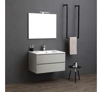 Kiamami Valentina - Mueble de baño suspendido 90cm 2 cajones Gris Perla, Lavabo de Resina, Espejo 90x70 con lámpara | Valentina