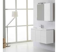 Kiamami Valentina Mueble de baño suspendido 90cm 3 Puertas Blanco Foresta, Lavabo a la Izquierda, Espejo con Armario a la Derecha | Manhattan