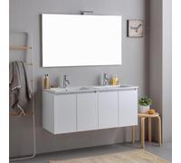 Kiamami Valentina - Mueble de baño suspendido de 120cm Blanco con Puertas, Doble Lavabo y Espejo | Bilbao
