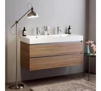 Kiamami Valentina Mueble de baño suspendido de 120cm con cajones de Roble Natural Soft Close y Doble Lavabo | Vittoria