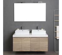 Kiamami Valentina - Mueble de baño suspendido de 4 Puertas en Roble Natural, encimera Blanca, 2 lavabos Decorativos y Espejo con lámpara | Valentina